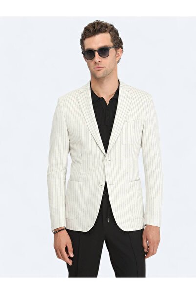 Kip Ecru Striped Modern Fit Cotton Blend Knitted Jacket