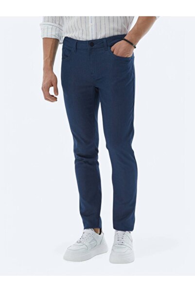 Kip Navy Blue Woven Slim Fit Casual Cotton Blend Trousers