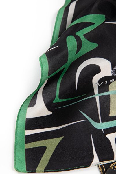 Vissona 100% Silk Striped Patterned Emerald Green - Khaki Color Shal