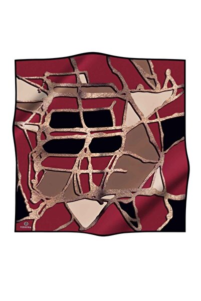 Vissona 57% Silk 43% Viscos Twill Silk Gold Effect Geometric Patterned Burgundy - Black Color 90X90 Scarf Erect