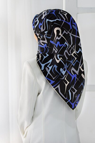Vissona 57% Mătase 43% VISCOS Twill Mătase Abstract Geometric Pattern Indigo - Gri Color 90x90 Eșarfă Forma de plantare