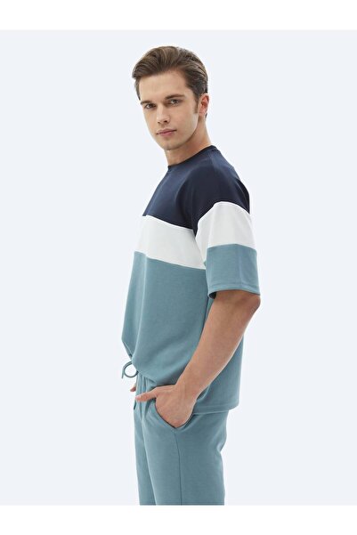 Kip Mavi Çizgili Bisiklet Yaka T-Shirt