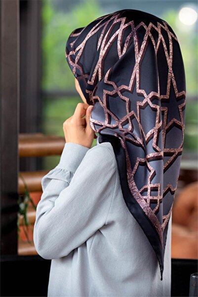 Vissona 57% Silk 43% Viscos Twill Turkish Motif Patterned Gray Colored 90X90 Scarf Planting Shape: Hand Sewing