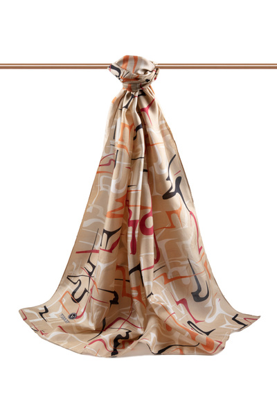 Vissona شال منقوش باللون البيج - تان من الحرير بنسبة 100%