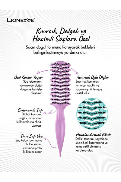 Lionesse Kıvırcık Saç Fırçası 8916 Mor - Bukle Belirginleştirici Kıvırcık ve Dalgalı Saçlara Özel