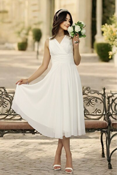 BDR COMPANY KOLSUZ KRUVAZE YAKA MİDİ BEYAZ ŞİFON NİKAH NİŞAN SÖZ ELBİSESİ