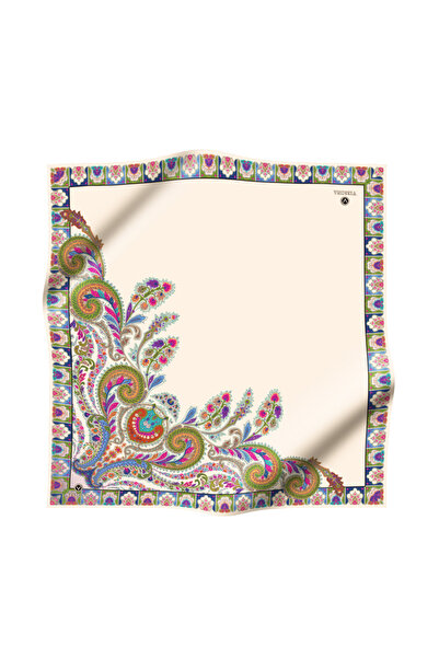 Vissona 100% Twill Silk Ethnic Patterned Cream Colored 90X90 Planting Shape : Hand Sewing Scarf