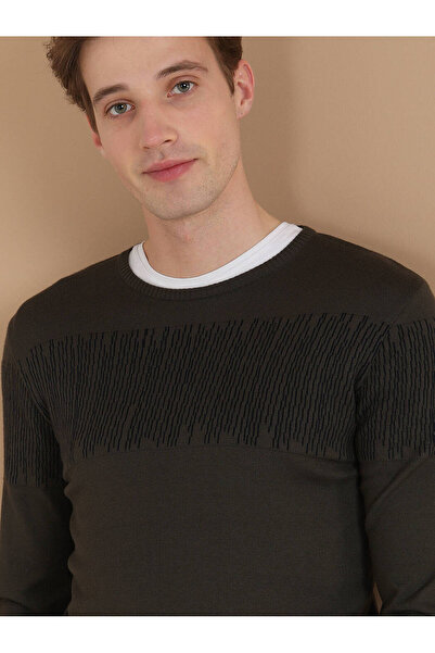 Kip Каки пуловер с кръгло деколте и шарки от трикотаж