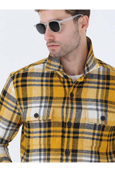 Kip Sarı Kareli Regular Fit Dokuma Pamuk Karışımlı Overshırt