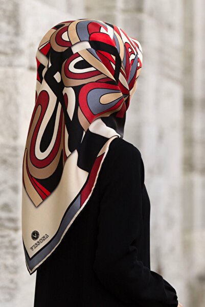 Vissona 57% Silk 43% Viscosa Twill Silk Geometric Patterned Beige - Red Color 90X90 Sewing Shape: Hand Sewing