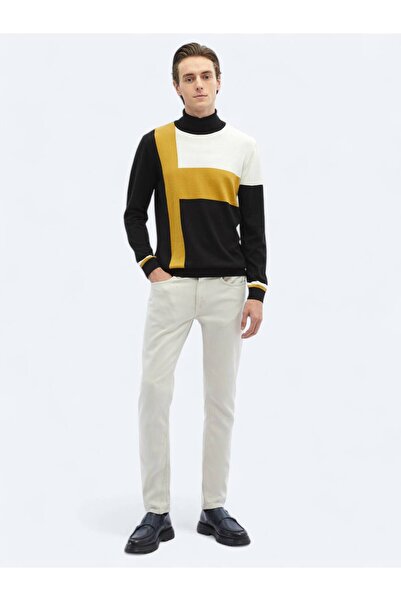 Kip Siyah Tam Balıkçı Yaka Desenli Pamuk Karışımlı Triko Kazak