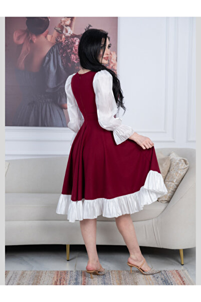 Nice Model Burgundy Ruffle Midi Dress White Satin Sleeves Square Neck A-Line Party Evening Elegant