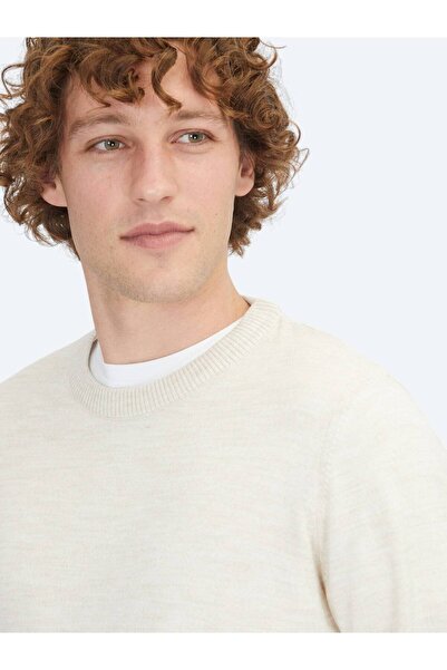 Kip Bej Bisiklet Yaka Jakarlı Yün Karışımlı Triko Kazak