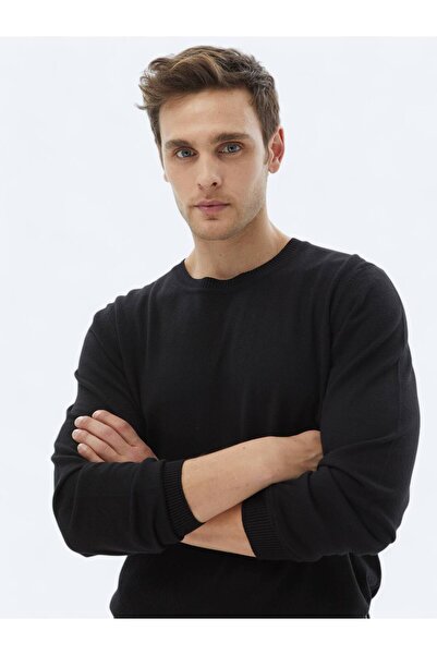 Kip Siyah Bisiklet Yaka Düz Örgü Pamuk Karışımlı Triko Kazak