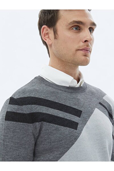 Kip Açık Gri Bisiklet Yaka Desenli Yün Karışımlı Triko Kazak