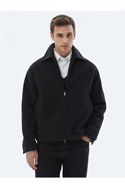 Kip Siyah Oversize Fit Bebe Yaka Casual Örme Mont