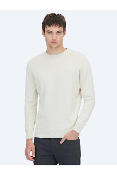 Kip Ecru Crew Neck Patterned Cotton Blend Sweater