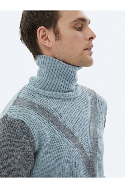 Kip Mint Tam Balıkçı Yaka Desenli Yün Karışımlı Triko Kazak