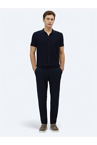 Kip Navy Blue Woven Jogging Fit Casual Trousers