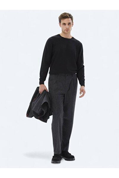 Kip Siyah Bisiklet Yaka Düz Örgü Pamuk Karışımlı Triko Kazak