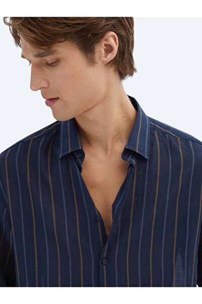 Kip Lacivert Çizgili Regular Fit Dokuma Casual Pamuk Karışımlı Gömlek