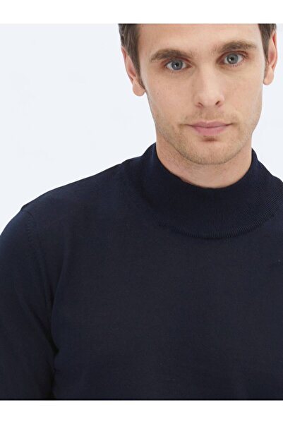 Kip Lacivert Yarım Balıkçı Yaka Düz Örgü Yün Karışımlı Triko Kazak