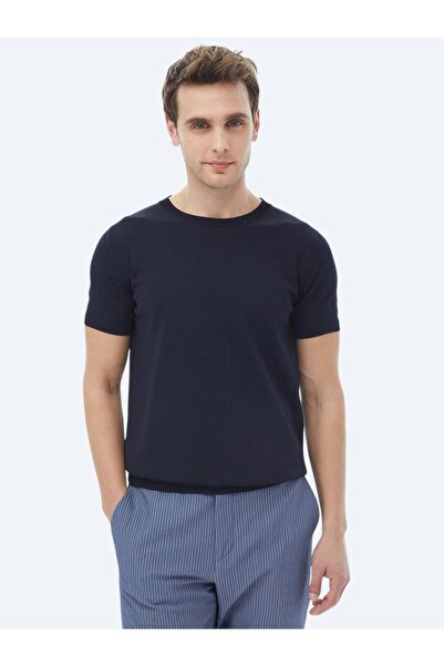 Kip Lacivert Bisiklet Yaka Düz Örgü Triko