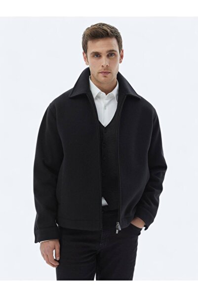 Kip Siyah Oversize Fit Bebe Yaka Casual Örme Mont