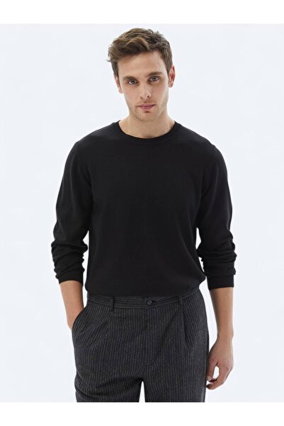 Kip Siyah Bisiklet Yaka Düz Örgü Pamuk Karışımlı Triko Kazak