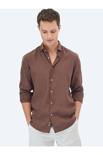 Kip Καφέ απλό, κανονική εφαρμογή, υφαντό πουκάμισο από βαμβακερό μείγμα