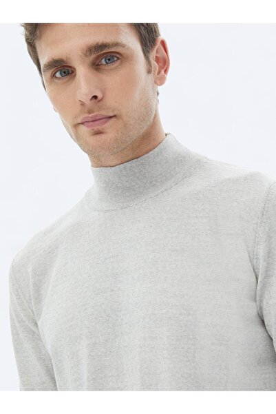 Kip Açık Gri Yarım Balıkçı Yaka Düz Örgü Yün Karışımlı Triko Kazak