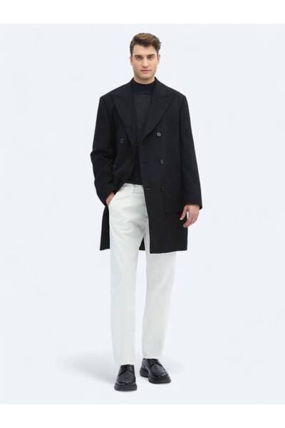 Kip Siyah Regular Fit Kruvaze Yaka Klasik Dokuma Palto