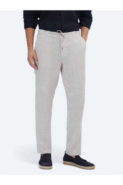 Kip Beige Woven Jogging Fit Casual 100% Linen Trousers