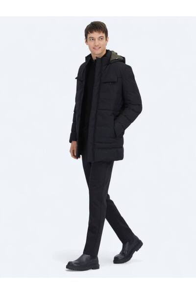 Kip Black Regular Fit Hooded Casual Woven Coat