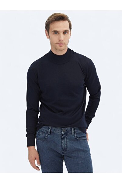 Kip Lacivert Yarım Balıkçı Yaka Düz Örgü Yün Karışımlı Triko Kazak