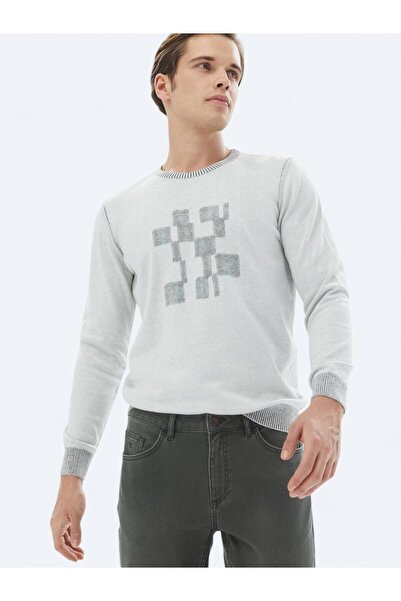 Kip Gri Bisiklet Yaka Desenli Pamuk Karışımlı Triko Kazak