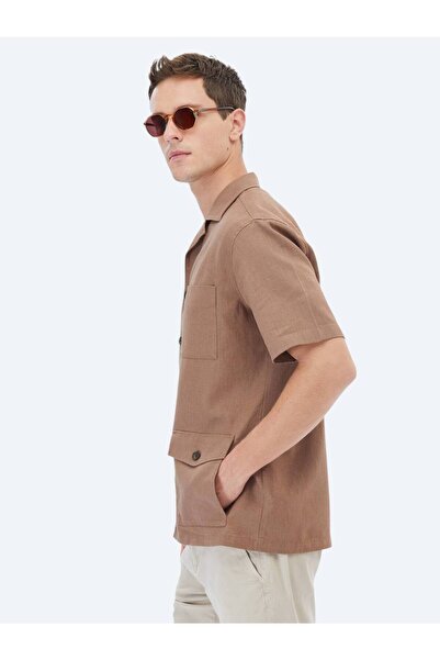 Kip Fındık Düz Regular Fit Dokuma Overshırt
