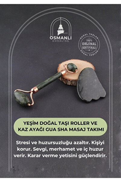 OSMANLI DOĞAL TAŞ Sertifikalı Yeşim Doğal Taşı Roller Ve kaz Ayağı Gua Sha Ma...