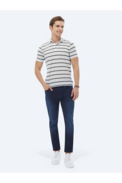Kip Polo Neck Navy Blue Striped T-Shirt