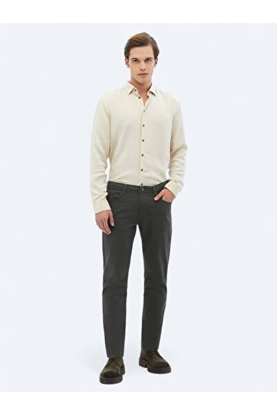 Kip Haki Dokuma Slim Fit Casual Pamuk Karışımlı Pantolon