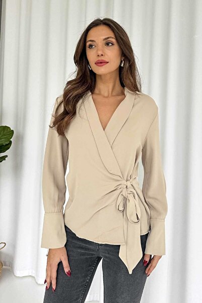 Mine Tan Butik Vatka Detaylı Şık Kadın Bluz - Bej