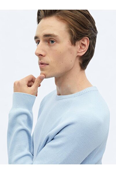 Kip Mavi Bisiklet Yaka Desenli Triko Kazak