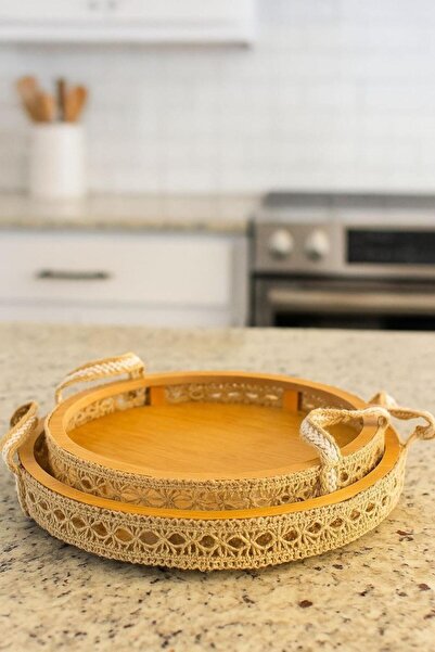 MOSTAFA Set of 2 round wooden trays with porcelain edges and a porcelain hand...
