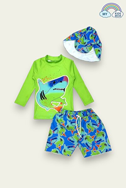 My Kids Wear Güneş Korumalı Boneli Karakter Desenli Deniz Şortlu Mayo Takım