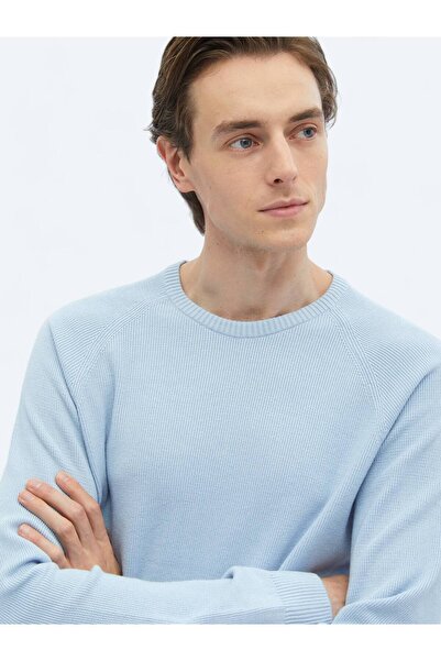 Kip Mavi Bisiklet Yaka Desenli Triko Kazak