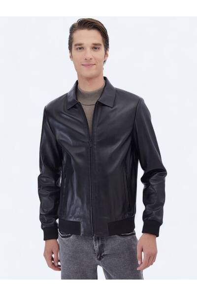 Kip Siyah Regular Fit Bebe Yaka Smart Casual Koyun Derisi Deri Mont