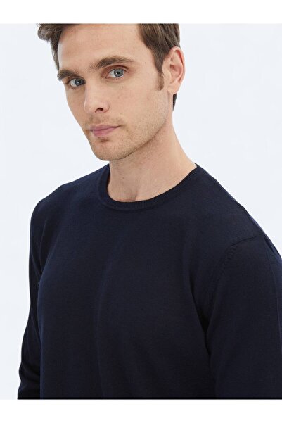 Kip Lacivert Bisiklet Yaka Düz Örgü Yün Karışımlı Triko Kazak