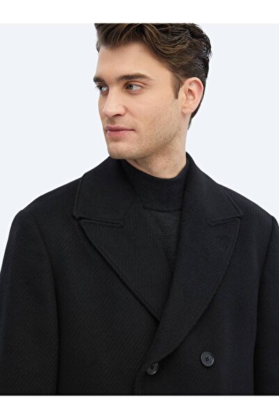 Kip Siyah Regular Fit Kruvaze Yaka Klasik Dokuma Palto