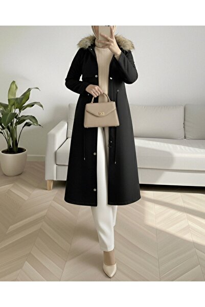 Modamorfo Plush Inside Fixed Hooded Tunnel Lace up Long Coat -Black