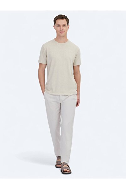 Kip Beige Plain Crew Neck Cotton Blend T-Shirt